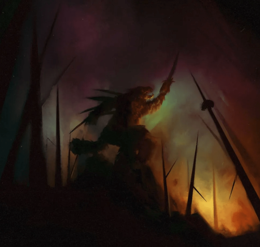 A warrior in the gloom, blade aloft in a sea of spears.